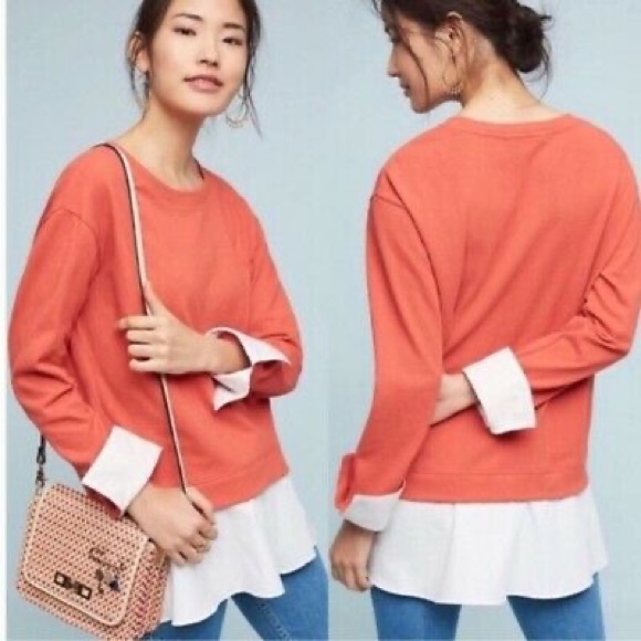 Anthropologie Tops - Anthropologie Eri + Ali Orange & White Layered Poplin Sweatshirt NWT